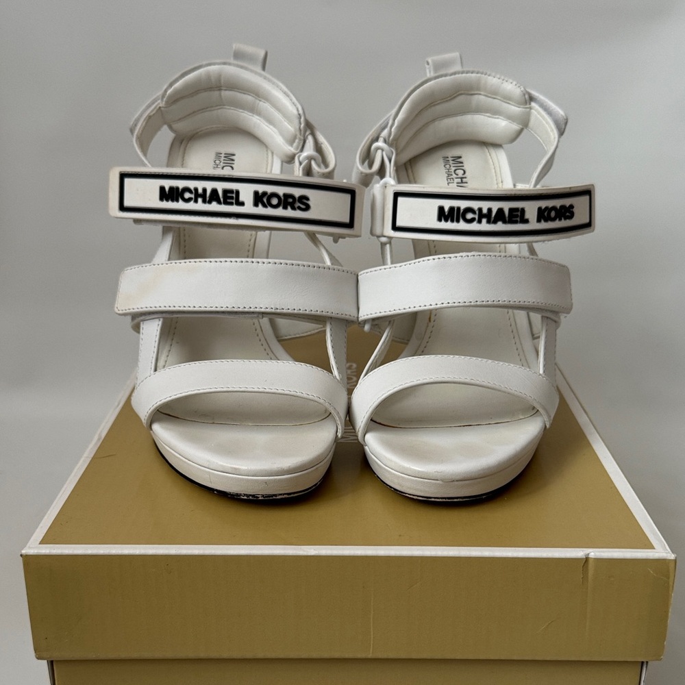 Michael Kors White Logo Strap Heeled Sandals